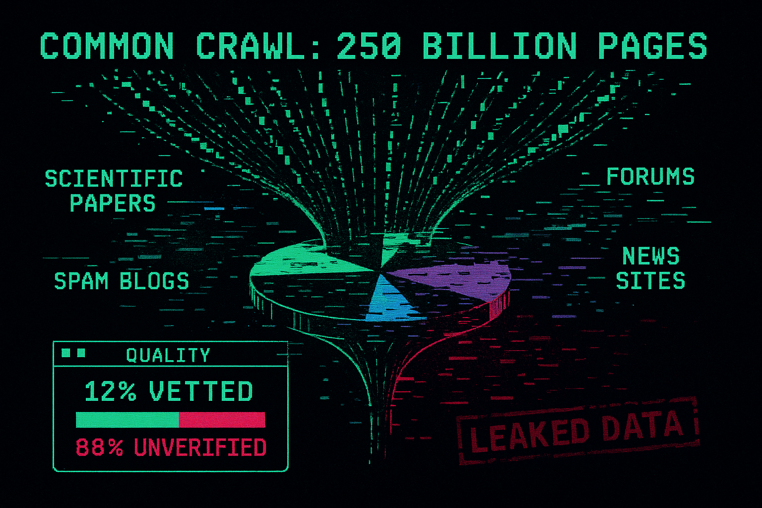 Common Crawl data chaos visualization showing 250 billion pages with only 12% vetted